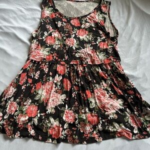 Floral Sleeveless Peplum Top — Black with Coral & Green Flowers